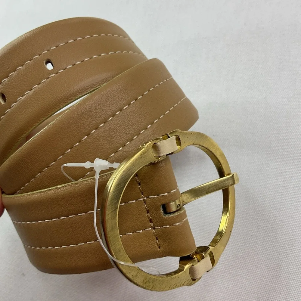 Carlisle Belt Taupe Colored Medium Italy Women Oval Shaped Brass Buckle Fashion